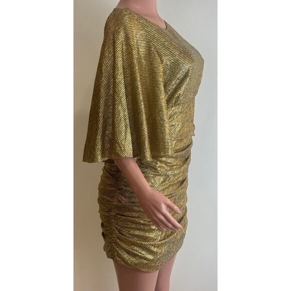 Shona Joy Cleo Circle Sleeve Ruched Mini Dress Womens 8 Gold Metallic Crepe - Picture 4 of 16